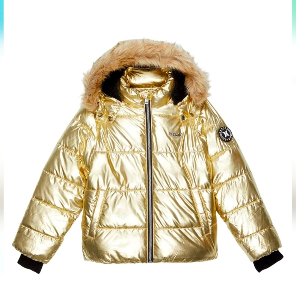 Hurley girls metallic gold and black winter puffer jacket faux fur lined New!
